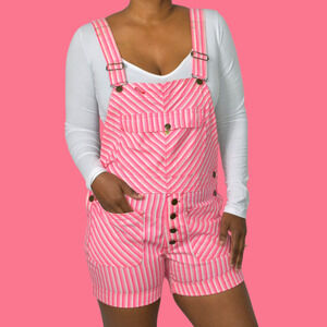Vintage Mr Fly Bib Overalls Pink Stripe Button Denim Shortalls Shorts Cuffed XS